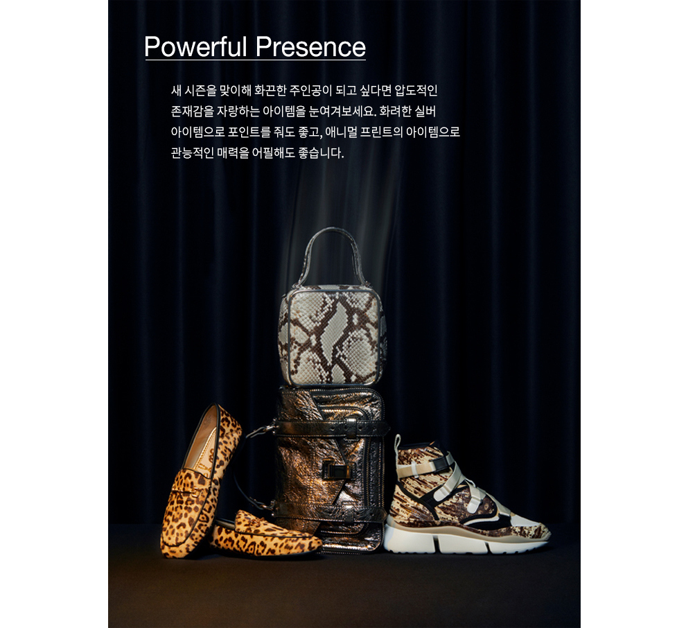 Powerful Presence 새 시즌을 맞이해 화끈한 주인공이 되고 싶다 면 압도적인 존재감을 자랑하는 아이템을 눈 여겨보세요. 화려한 실버 아이템으로 포인트 를 줘도 좋고, 애니멀 프린트의 아이템으로 관능적인 매력을 어필해도 좋습니다.