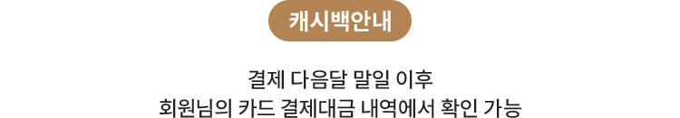 캐시백 안내 : 결제 다음달 말일 이후 회원님의 카드 결제 대금내역에서 확인 가능