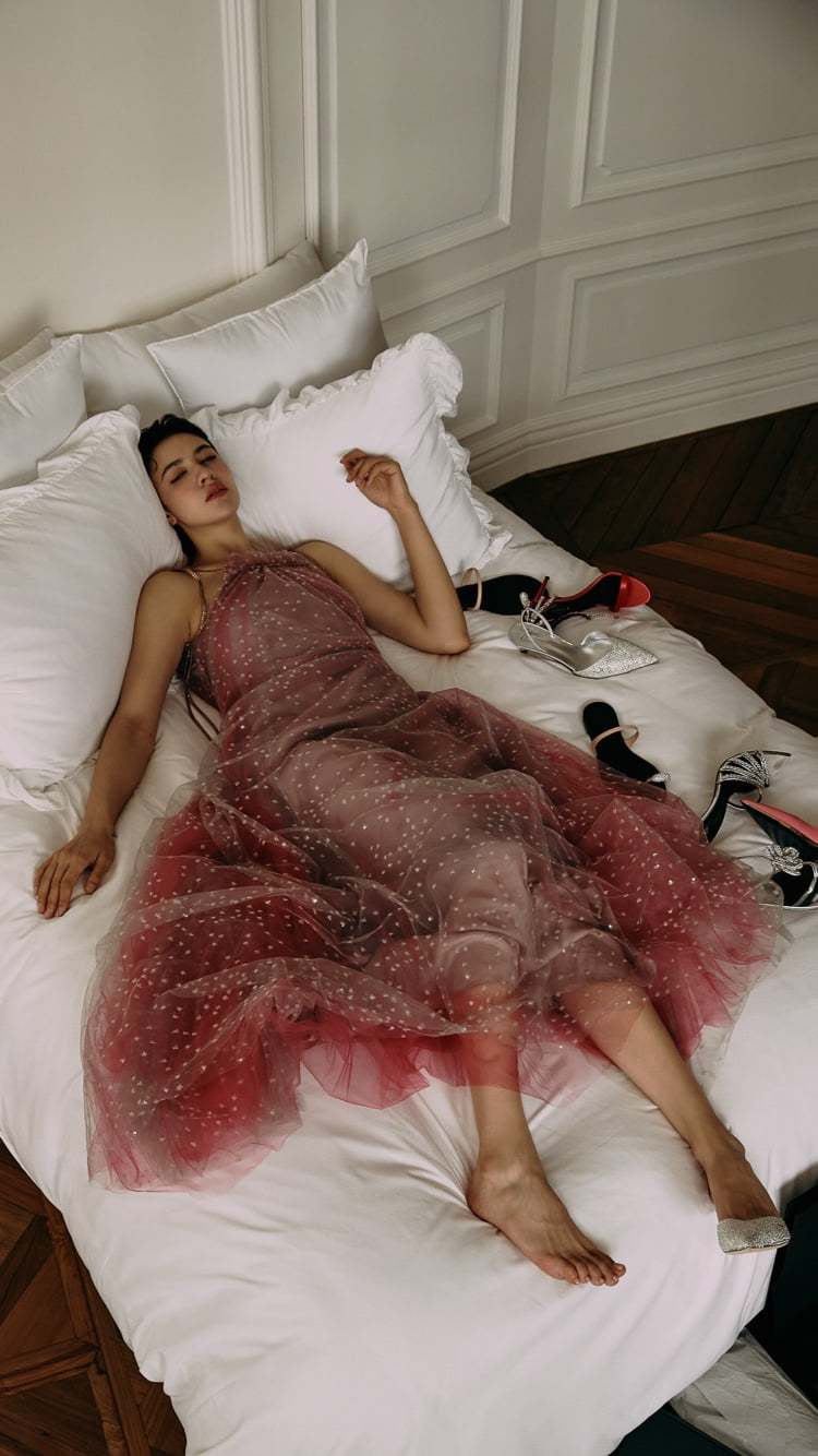 붉은색의 드레스를 입고 침대 위에 구두 여러 켤레와 함께 누워 있는 여성 모델