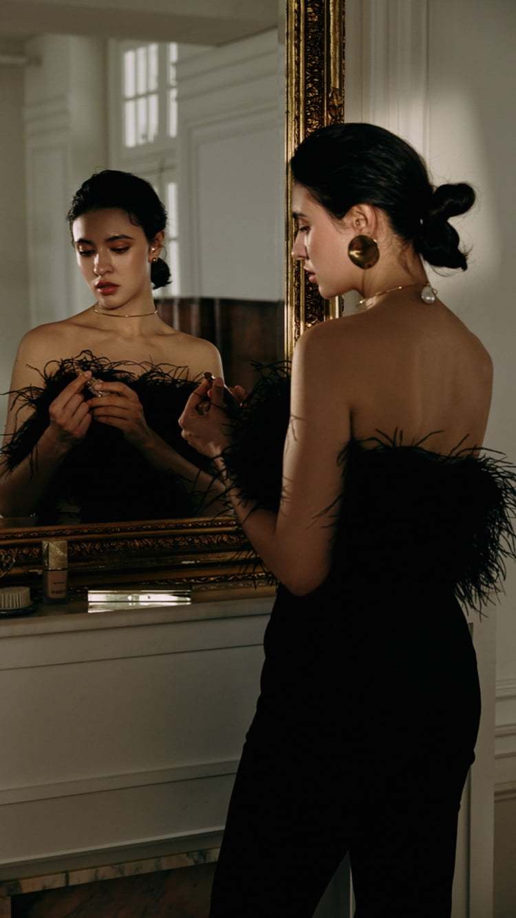 거울 앞에서 립스틱을 꺼내고 있는 검정 드레스를 입은 여성 모델