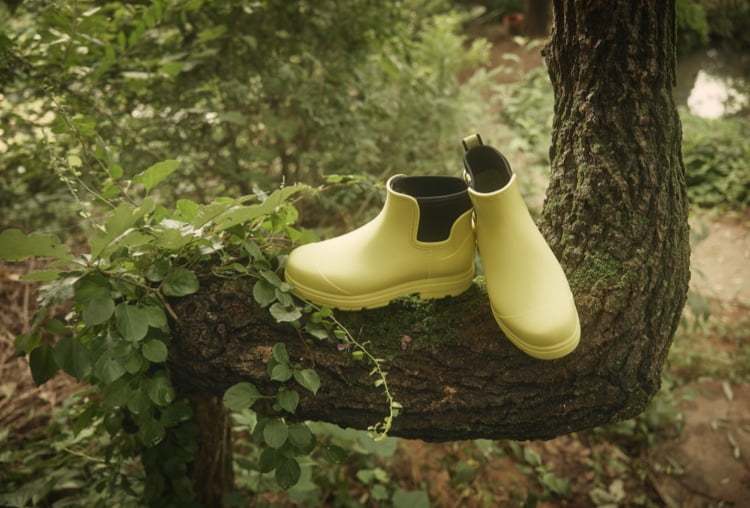 숲속 나무 위에 놓여진 어그의 노란색 네오프렌 레인부츠
