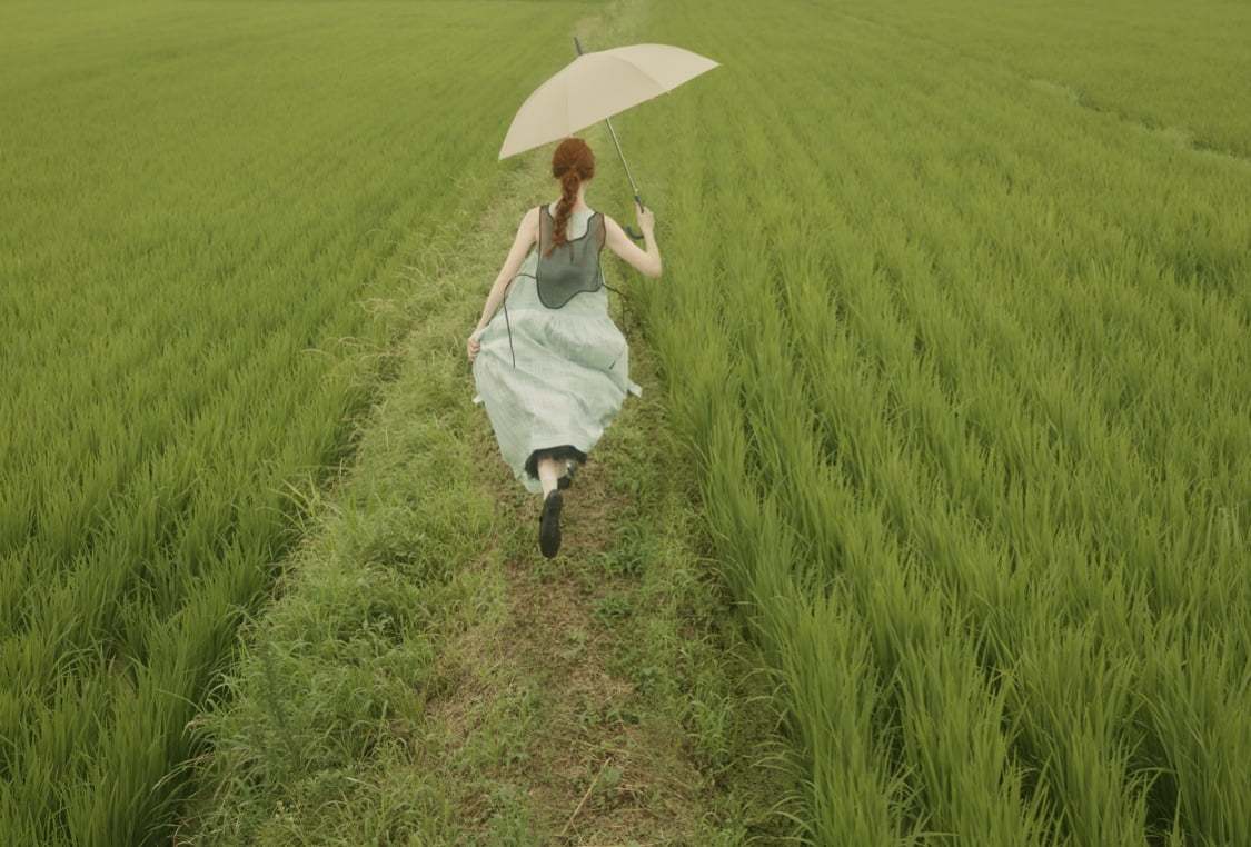 엠포리오 아르마니의 롱 기장의 하늘색 슬리브리스 원피스를 입고 우산을 쓰고 논밭을 달리고 있는 외국 여성 모델