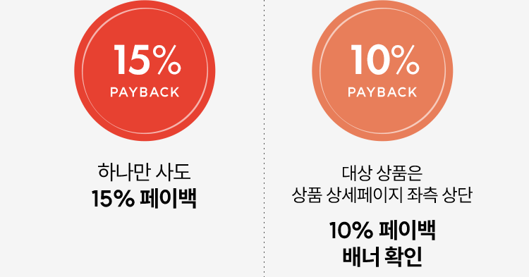 하나만 사도 15% 페이백, 대상 상품은 상품
          상세페이지 좌측 상단 10% 페이백 배너 확인