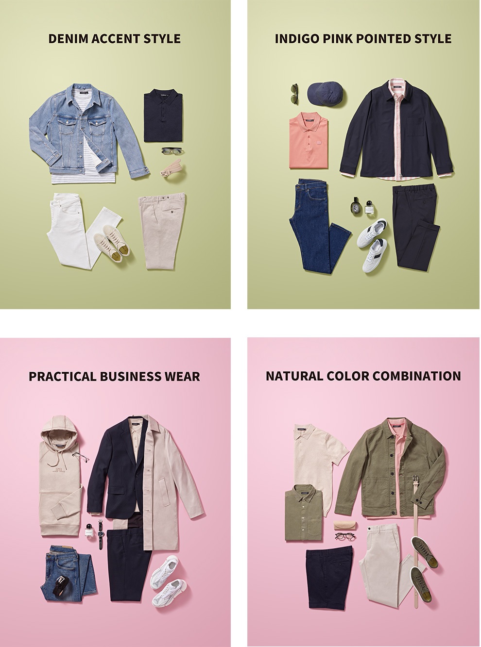 DENIM ACCENT STYLE, INDIGO PINK POINTED STYLE, PRACTICAL BUSINESS WEAR, NATURAL COLOR COMBINATION