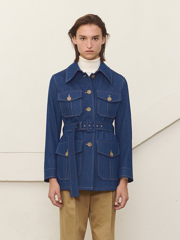 BELTED CONTRAST-STITCH DENIM JACKET