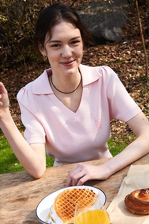 JACQUARD COLLAR V-NECK HALF KNIT_PINK