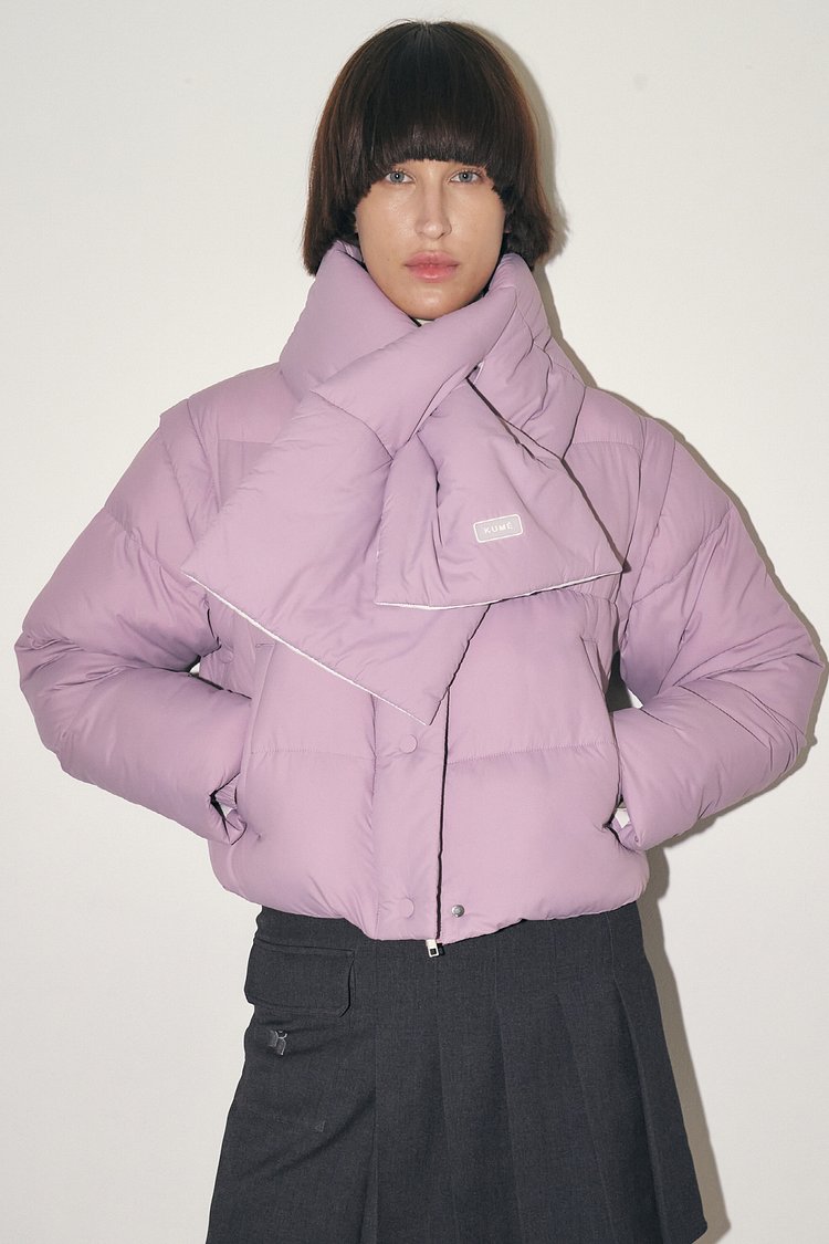 ECO-FRIENDLY CROPPED PUFFER JACKET WITH NECK WARMER, PINK