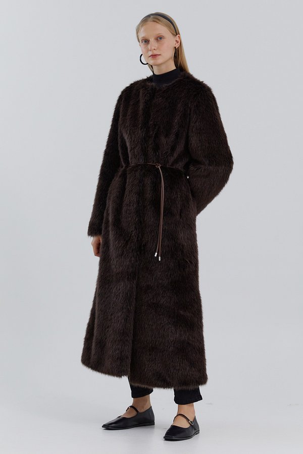 WEATHER maxi long fur coat [dk brown]