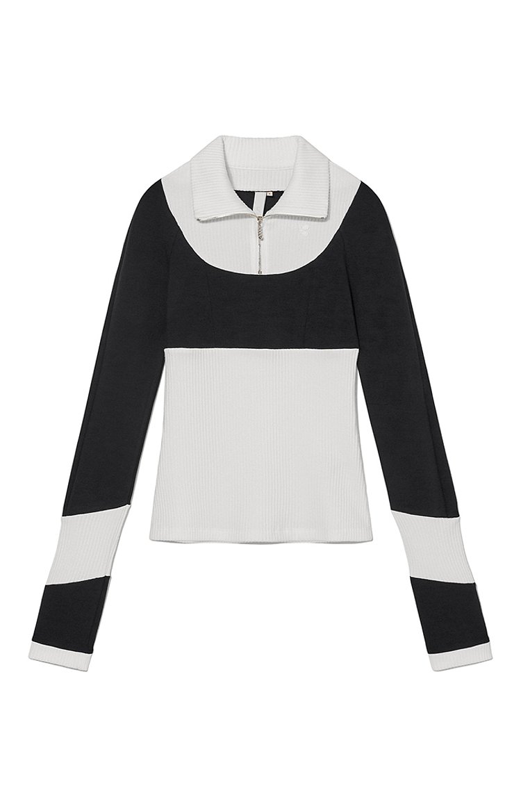 Half Zip-Up Top Black White