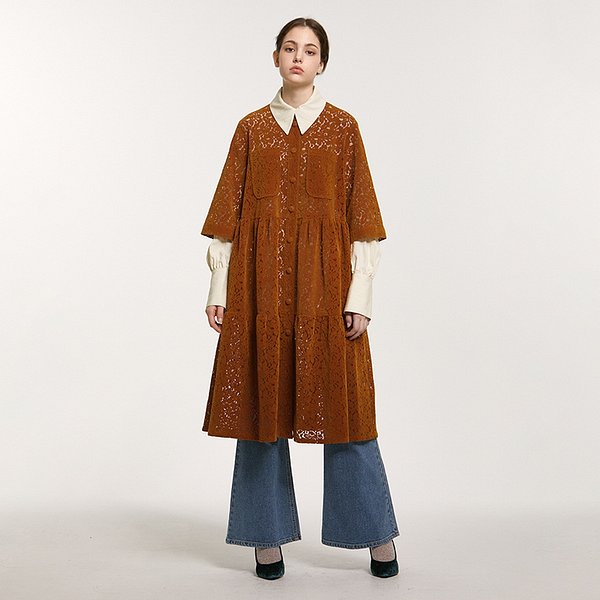 Lace Tiered Shirt Dress_Leather Brown - S.I.VILLAGE [NEUL]Lace Tiered Shirt Dress_Leather Brown - 