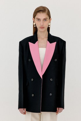 EENK(잉크) VELL Contrasted Collar Double-Breasted Blazer - Black/Pink | S.I.VILLAGE (에스아이빌리지)