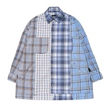 Check Mixed Oversized Shirt [Sky Blue]