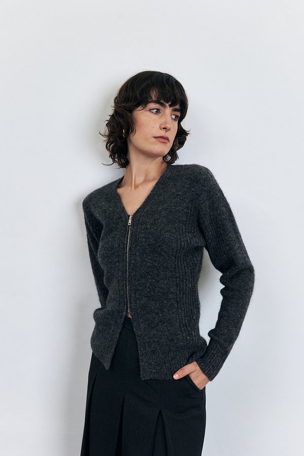 V-neck Zip-up Mohair Wool Cardigan, Charcoal