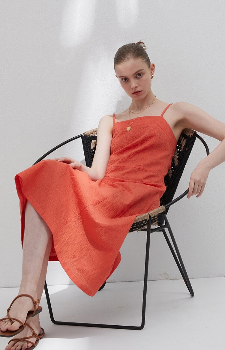 Seersucker layered dress - Reddish orange