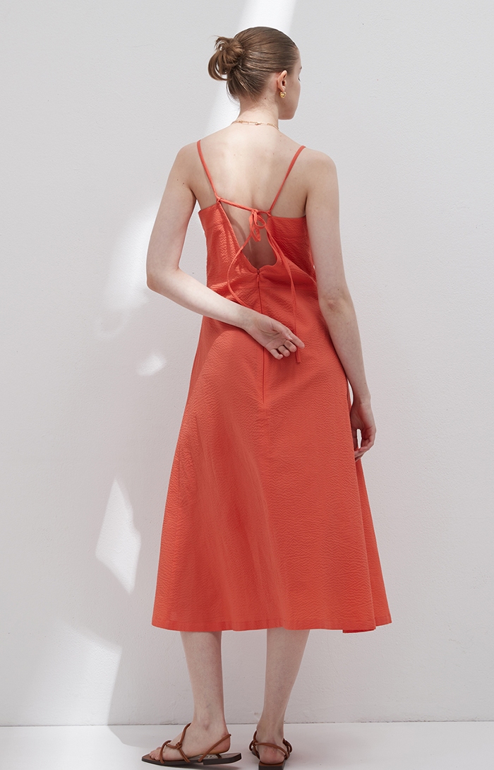 Seersucker layered dress - Reddish orange