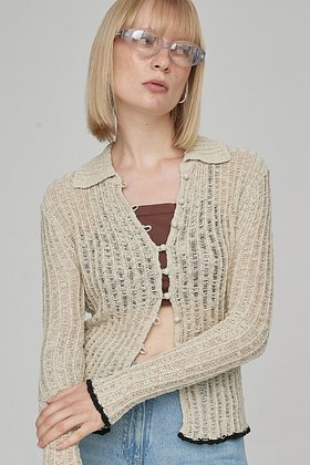 EN OR(엔오르) NETTED COLLAR SLIM CARDIGAN - BEIGE | S.I.VILLAGE (에스아이빌리지)