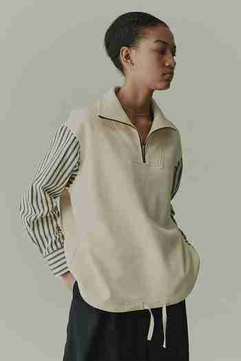 GOEN.J(고엔제이) Striped poplin shirt-layered half-zip cotton-jersey sweatshirt | S.I.VILLAGE (에스아이빌리지)