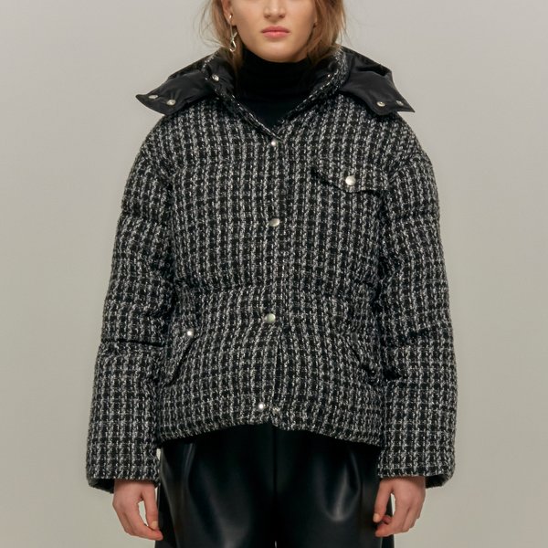 Hooded quilted tweed shell down jacket