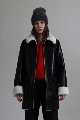 AEER(아에르) Half Coat E Leather Shearling (레더 무스탕) Black | S.I.VILLAGE (에스아이빌리지)