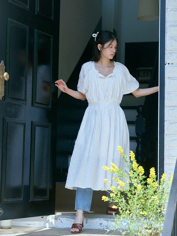 LE ABONNE(르아보네) SMOCKED DRESS_WHITE | S.I.VILLAGE (에스아이빌리지) [LE ABONNE]SMOCKED DRESS_WHITE - 