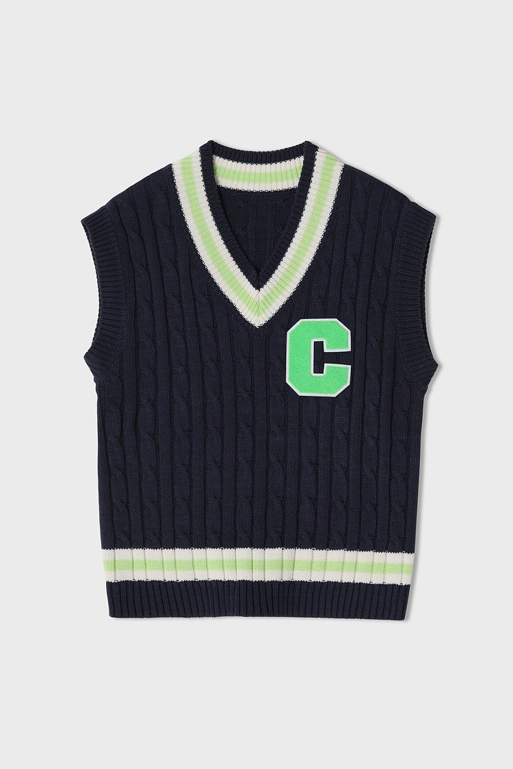 [CONCEPT COLLEGE] Light Green C Patch V-neck Knitwear Vest [Navy]