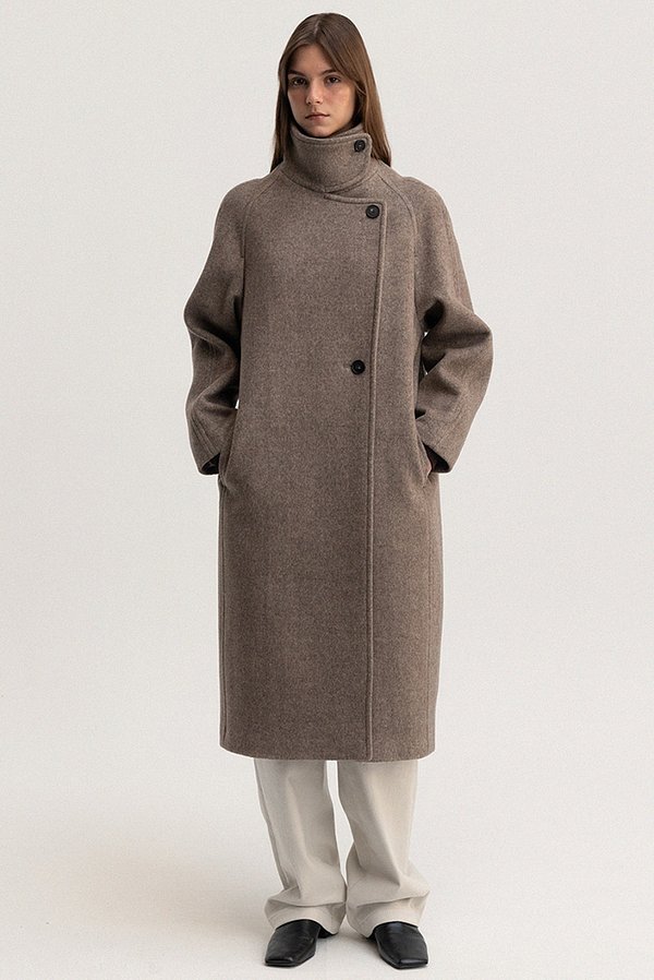 wool herringbone high-neck coat (mocha brown) - S.I.VILLAGE [LE]wool herringbone high-neck coat (mocha brown) - 