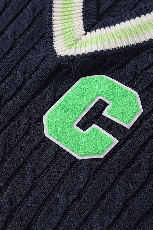 [CONCEPT COLLEGE] Light Green C Patch V-neck Knitwear Vest [Navy]