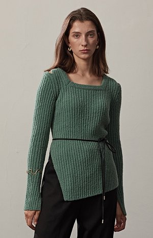 RIBBED-KNIT SQUARE NECK PULLOVER(D.MINT)