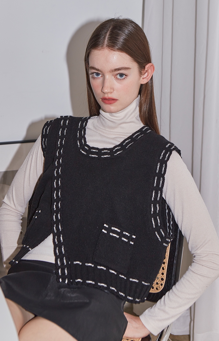 VITALSIGN(바이탈사인) [LINE Slit Stitch Knit Vest (Black) | S.I.VILLAGE (에스아이빌리지) [VITALSIGN][LINE Slit Stitch Knit... 
