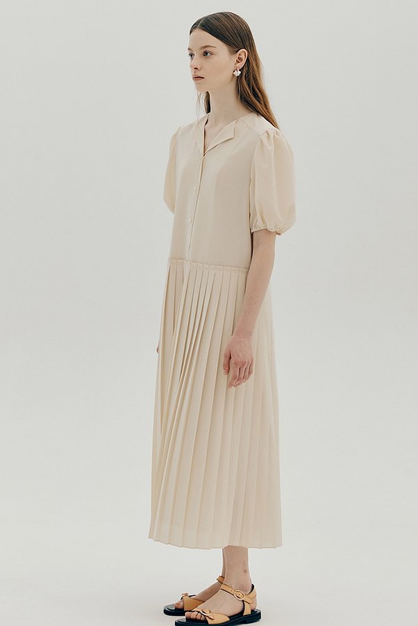 Puff sleeve pleated dress - Cream beige