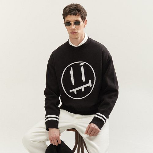BIG FACE JACQUARD ROUND KNIT_BLACK - S.I.VILLAGE [ITER]BIG FACE JACQUARD ROUND KNIT_BLACK -
