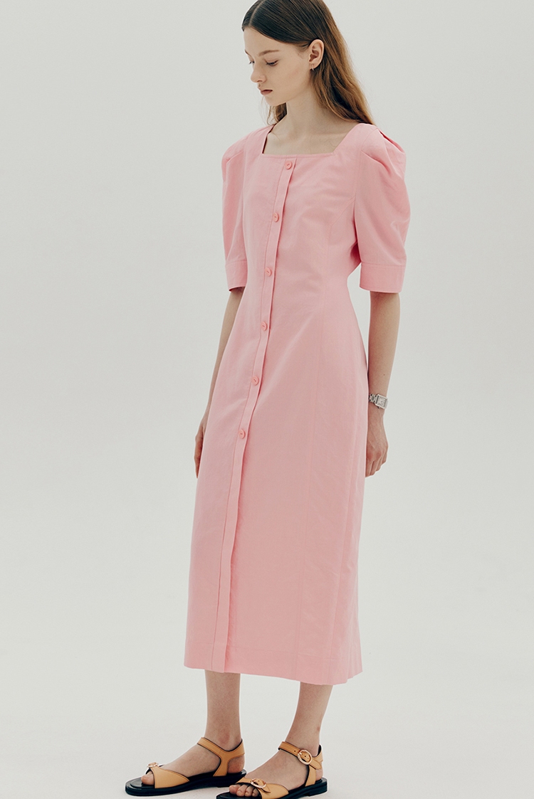 Linen square neck dress - Pink