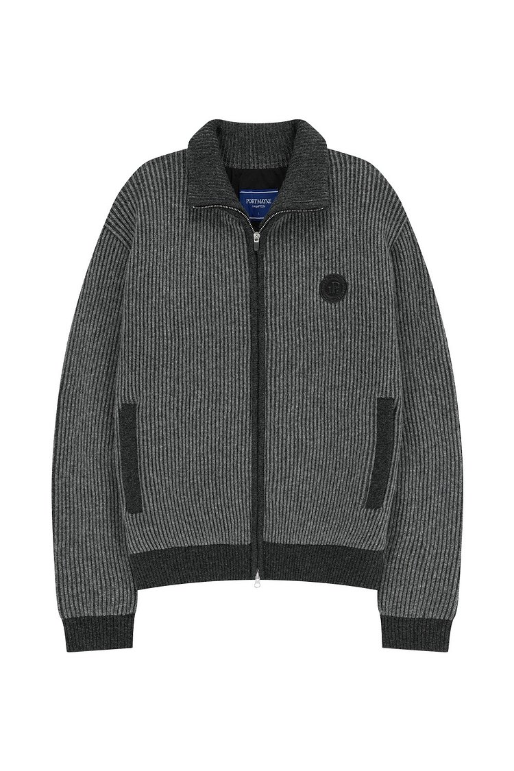 HIGH NECK TWO TONE RIBBED ZIP UP CARDIGAN - GRAY (MEN)