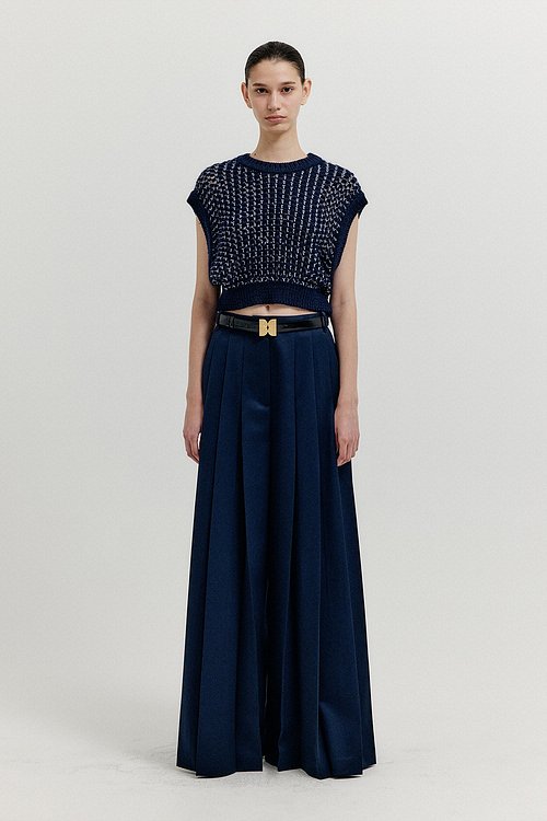 EENK(잉크) XLEAT Pleated Wide Pants - Navy | S.I.VILLAGE (에스아이빌리지) [EENK]XLEAT Pleated Wide Pants - Navy - 