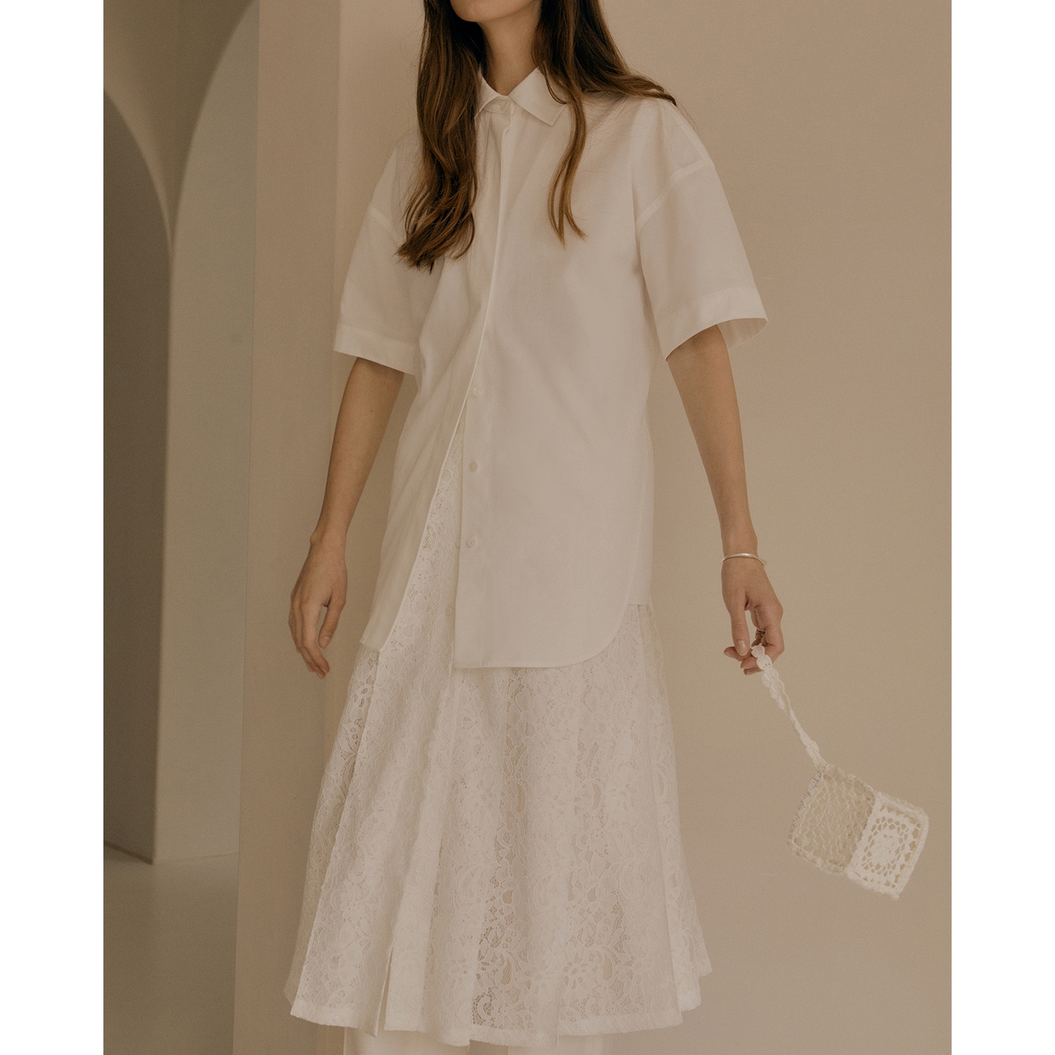 Short sleeve shirts with a pleated corded lace dress