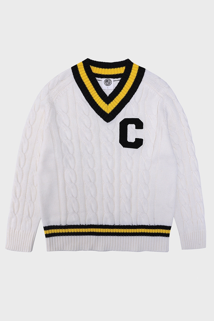 [CONCEPT COLLEGE] C Patch Ivory Preppy V-Neck Wool Knitwear