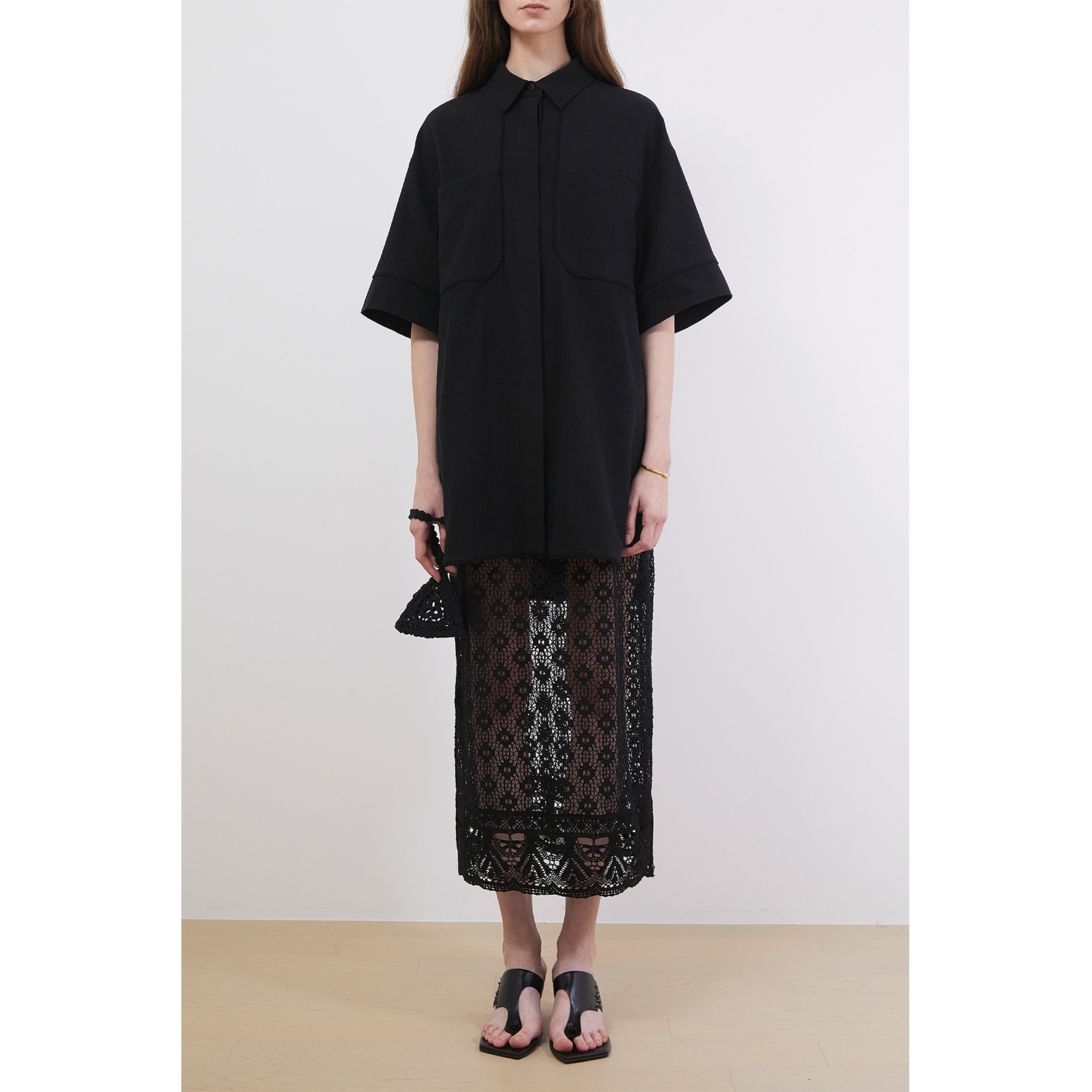 Crochet Lace Shirt & Skirt Print 2Pcs