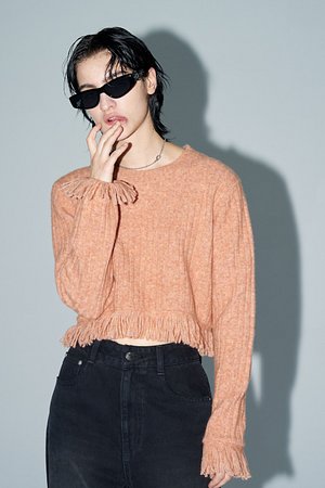 RIBBED-KNIT FRINGED PULLOVER(CORAL)