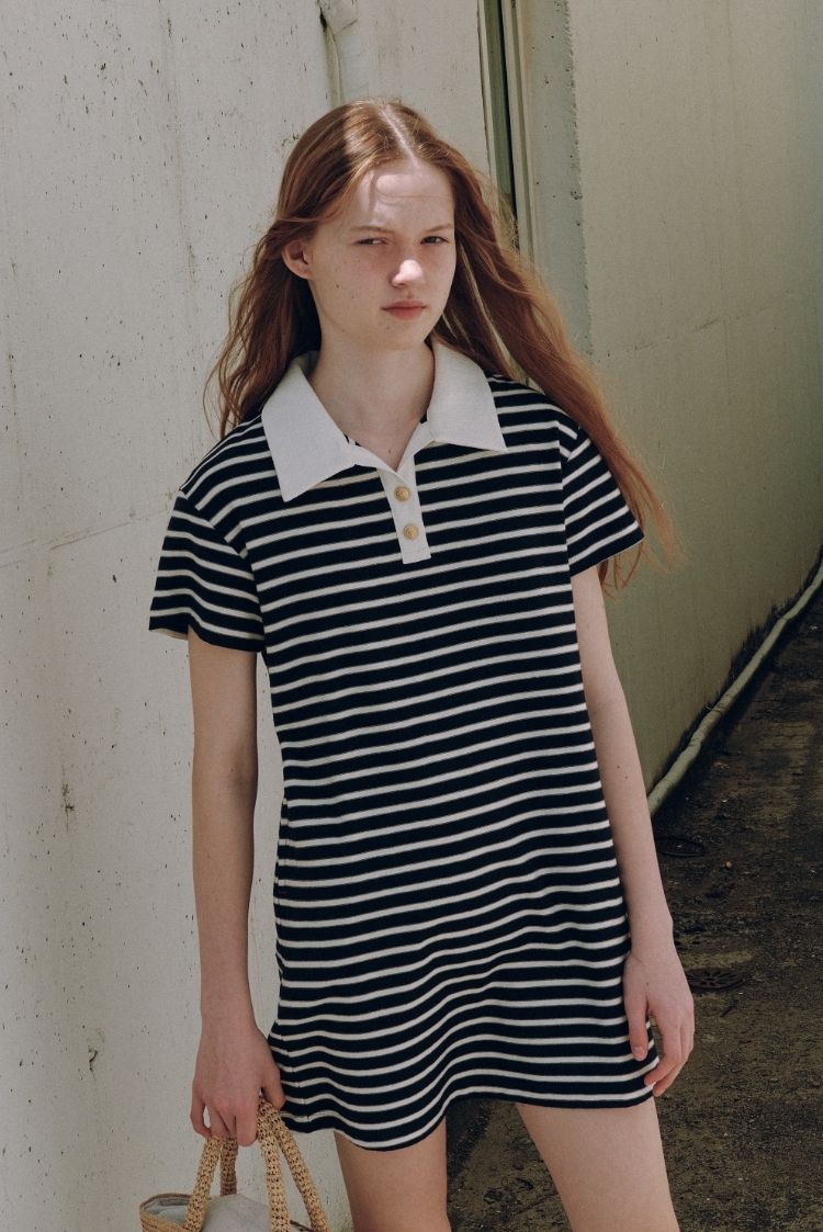 ●depound● Cara Stripe Mini One Piece Navy DP2436OP008MNAFR DEPOUND(드파운드) collar mini one piece (stripe) - navy