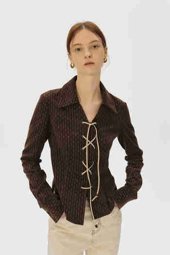 KUME(쿠메) Patterned corduroy string blouse, Brown | S.I.VILLAGE (에스아이빌리지)