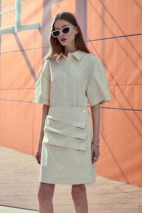 MUSEE(뮤제) KRISTINE Coated Cotton Draped Shirt Dress_Ivory | S.I.VILLAGE (에스아이빌리지)