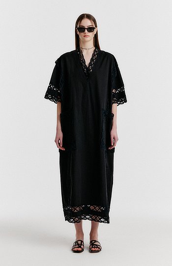 EENK(잉크) YONA Lace-trim Half-sleeve Dress - Black | S.I.VILLAGE (에스아이빌리지)