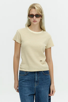 L`H.A.S(르하스) STRIPE RIBBED T-SHIRT_LIGHT KHAKI | S.I.VILLAGE (에스아이빌리지)