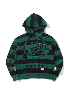 HORN GARMENT(혼가먼트) W GM BIG SMLIE LOGO POINT STAR STRIPE KNIT HOODIE HQ4CB08F | S.I.VILLAGE (에스아이빌리지)