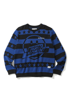 HORN GARMENT(혼가먼트) M GM BIG SMLIE LOGO POINT STAR STRIPE KNIT CREW HQ4CB08M | S.I.VILLAGE (에스아이빌리지)