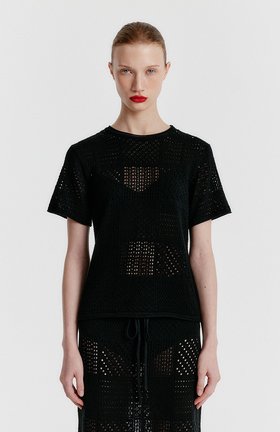 EENK(잉크) YIZU Panelled Lace Knit T-shirt - Black | S.I.VILLAGE (에스아이빌리지)