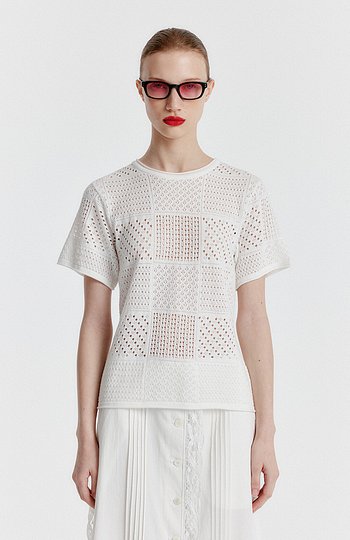 EENK(잉크) YIZU Panelled Lace Knit T-shirt - White | S.I.VILLAGE (에스아이빌리지)
