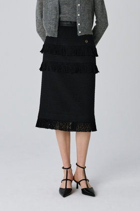 KUME(쿠메) Tweed Fringe Midi Skirt, Black | S.I.VILLAGE (에스아이빌리지)