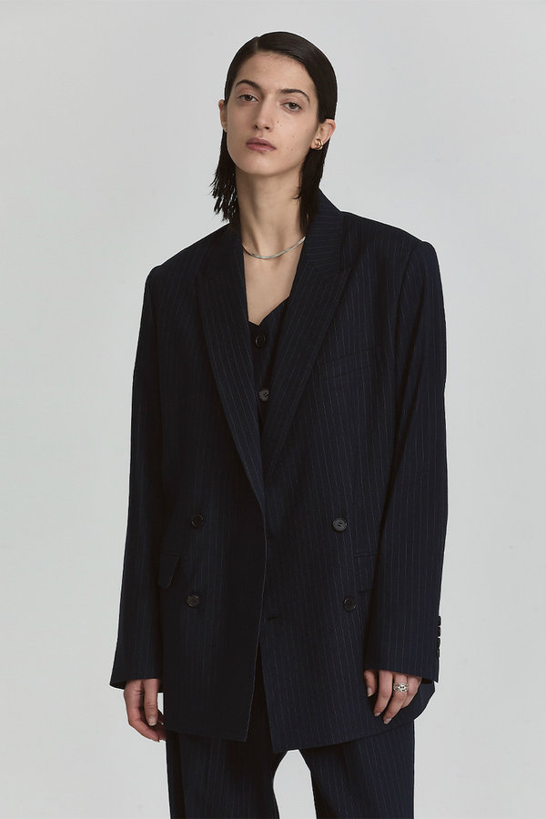 [DE BASE] GENDERLESS LINEN DOUBLE BREASTED MENS JACKET_NAVY STRIPE