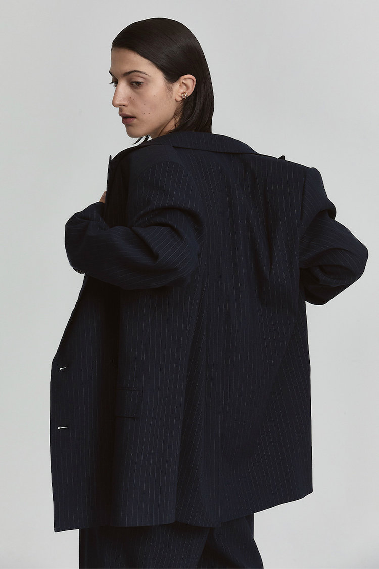 [DE BASE] GENDERLESS LINEN DOUBLE BREASTED MENS JACKET_NAVY STRIPE